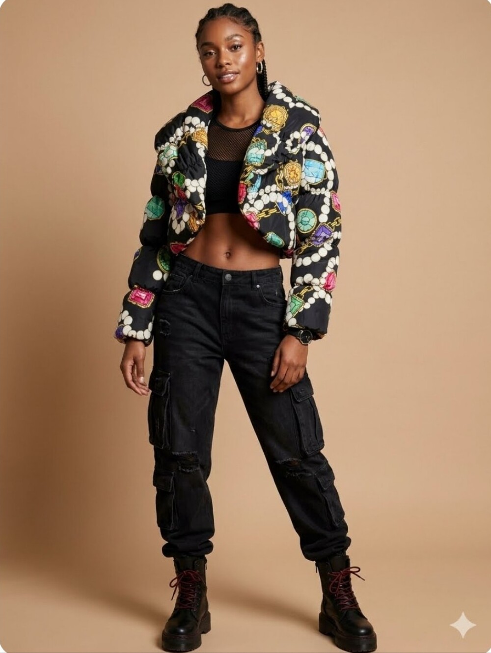 RARE Boutique Moschino Jewel Gem Print Cropped Puffer Jacket, VGUC, Size 8